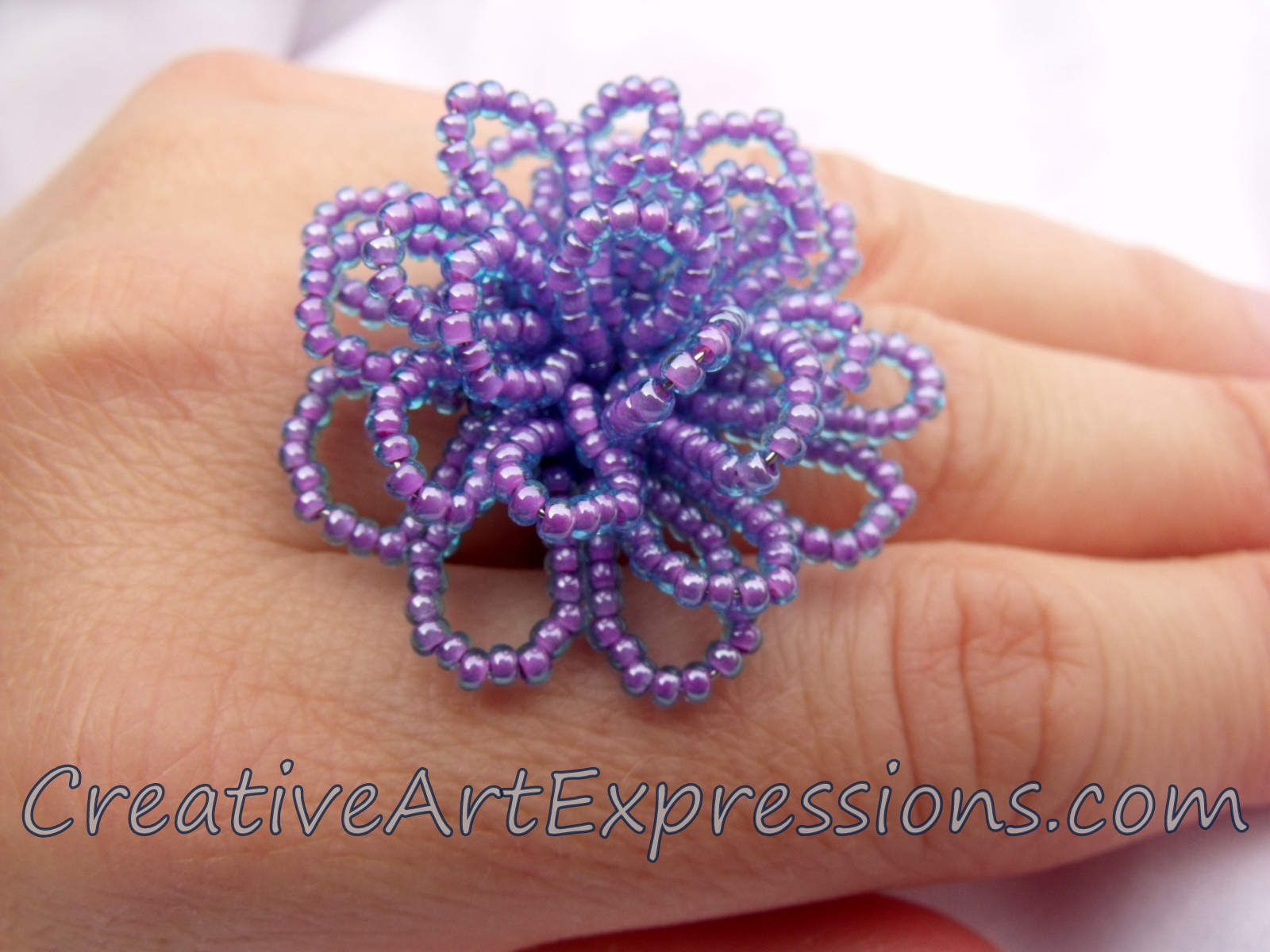 Creative Art Expressions Handmade Purple Aqua Seed Bead Flower Ring Jewelry Design
